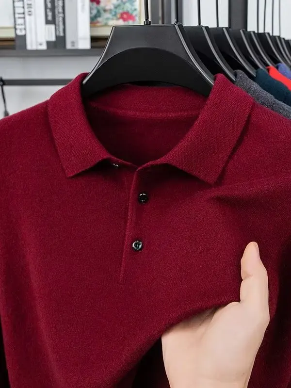 

Red Long Sve Knitted Sweater for Men Casual Warm Base Layer irt Dad Sle Winter New Arrival Flip Collar Knitwear