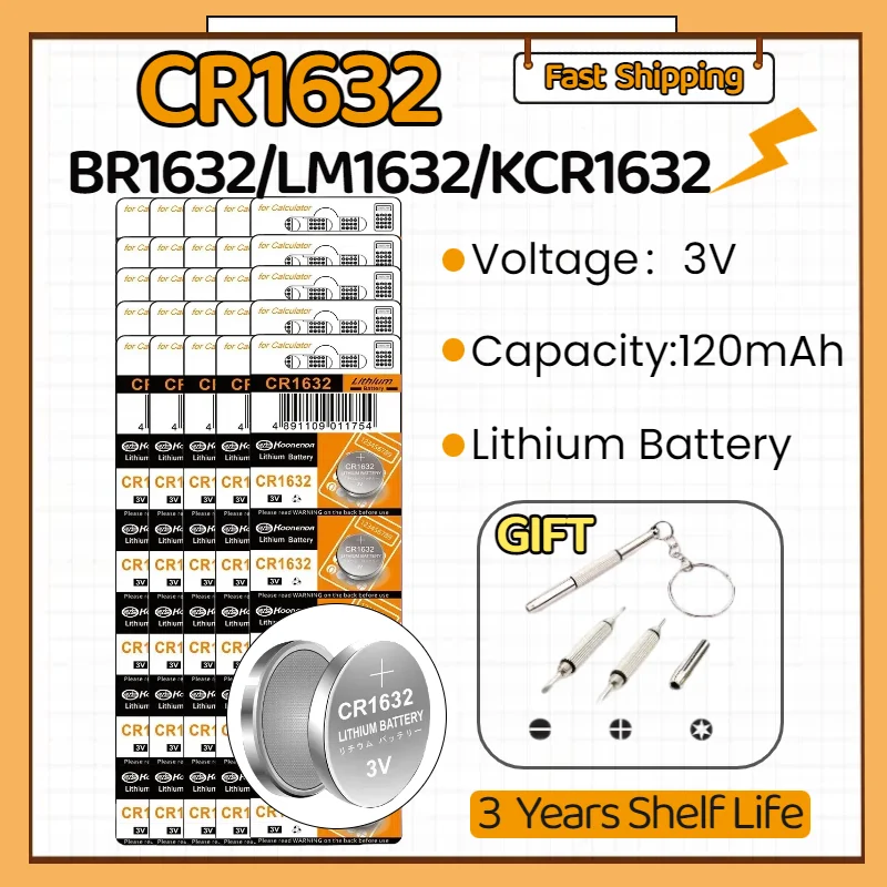 

CR1632 3V Lithium Coin Battery 120mAh for Watches Car Remote Keys Toys Calculators DL1632 / BR1632 / LM1632 / ECR1632Compatible