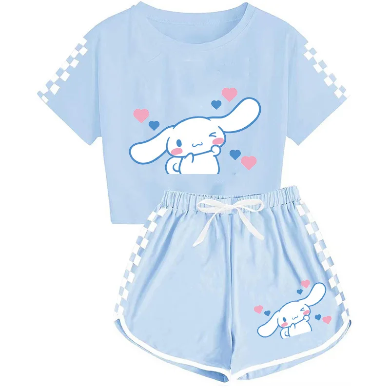 

Sanrio Short Sleeve Shirt and Shorts Set 2-Piece Plaid Cinnamoroll Print Tracksuit Sets Hello Kitty Pajamas Pants Sleeperwear