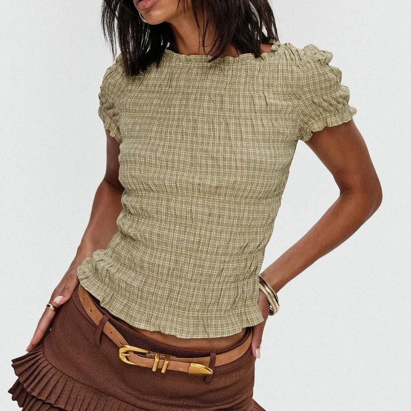 

Women Y2K Smocked Short Sleeve Blouse Ruffle Trim Peplum Top Summer Casual Slim Fit Plaid Solid Crop Tops Streetwear Ropa Mujer