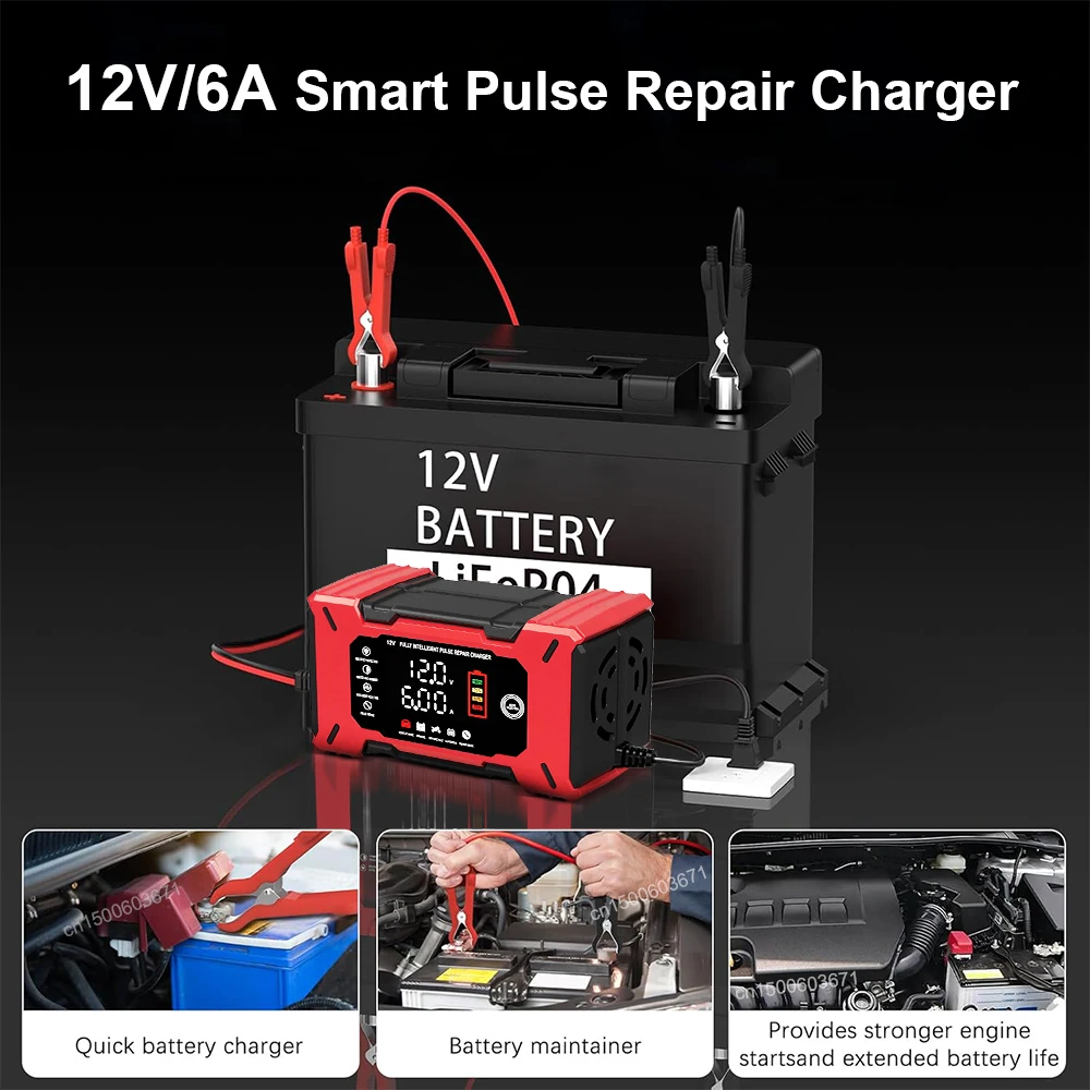 12V Car Battery Charger Pulse Repair Smart Car and Motorcycle Battery Charger Temperature Compensation Smart Battery Charger