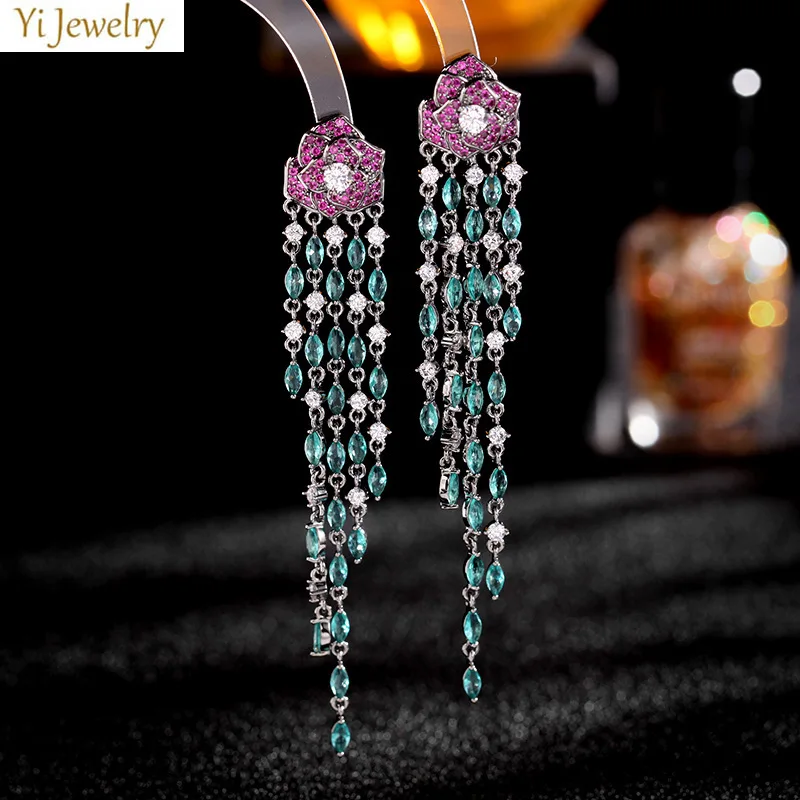 Pendientes de flores elegantes de lujo, colgante de borla de cadena larga, circonita completa, verde fucsia, azul, blanco, brillante, para fiesta de boda