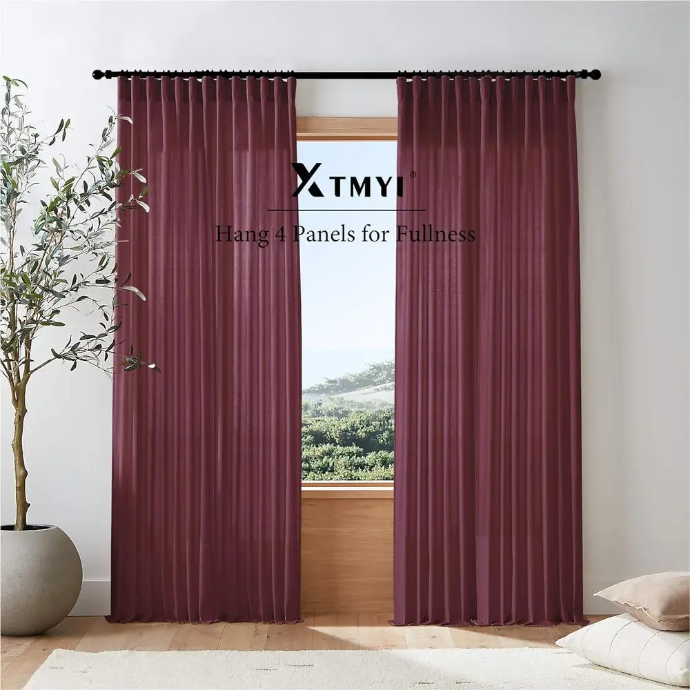 Cortinas semitransparentes estilo lino vino tinto, 108x50, 4 opciones colgantes, juego de 2 para sala de estar y decoración navideña