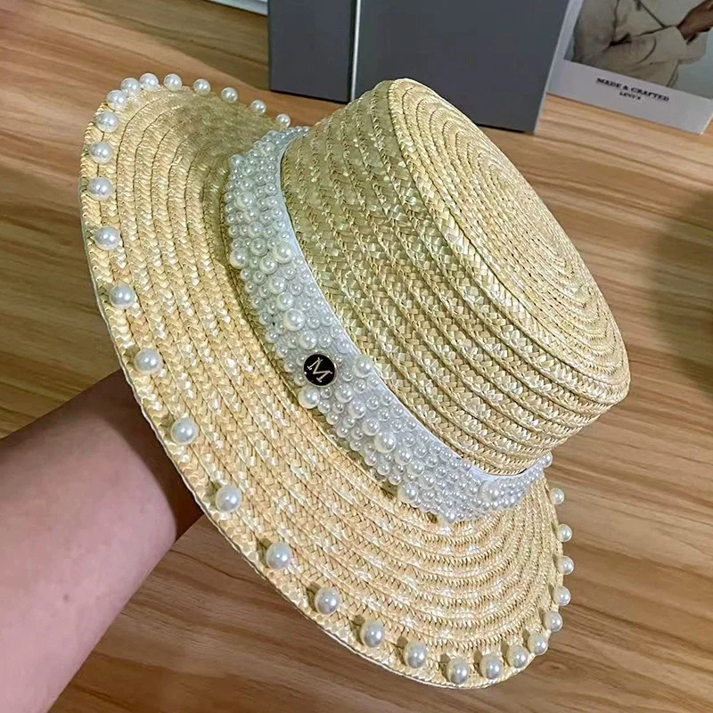 Pearl Straw Hat for Women: Summer Beach Sun Protection Hat for Travel and Vacations—Flat-Top Design