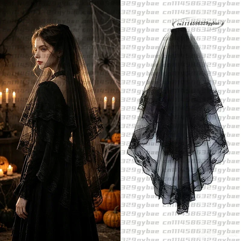 1PC Halloween Gothic Black Lace Two-Tier Veil with Comb Bride Cosplay Dark Wedding Party Hair Accessory