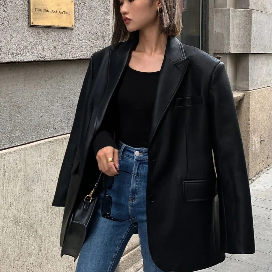 Blazer Button Black Leather Jacket Women Punk Korean Vintage Streetwear Casual Spring Autumn Loose Leather Coat Sense Of Luxury