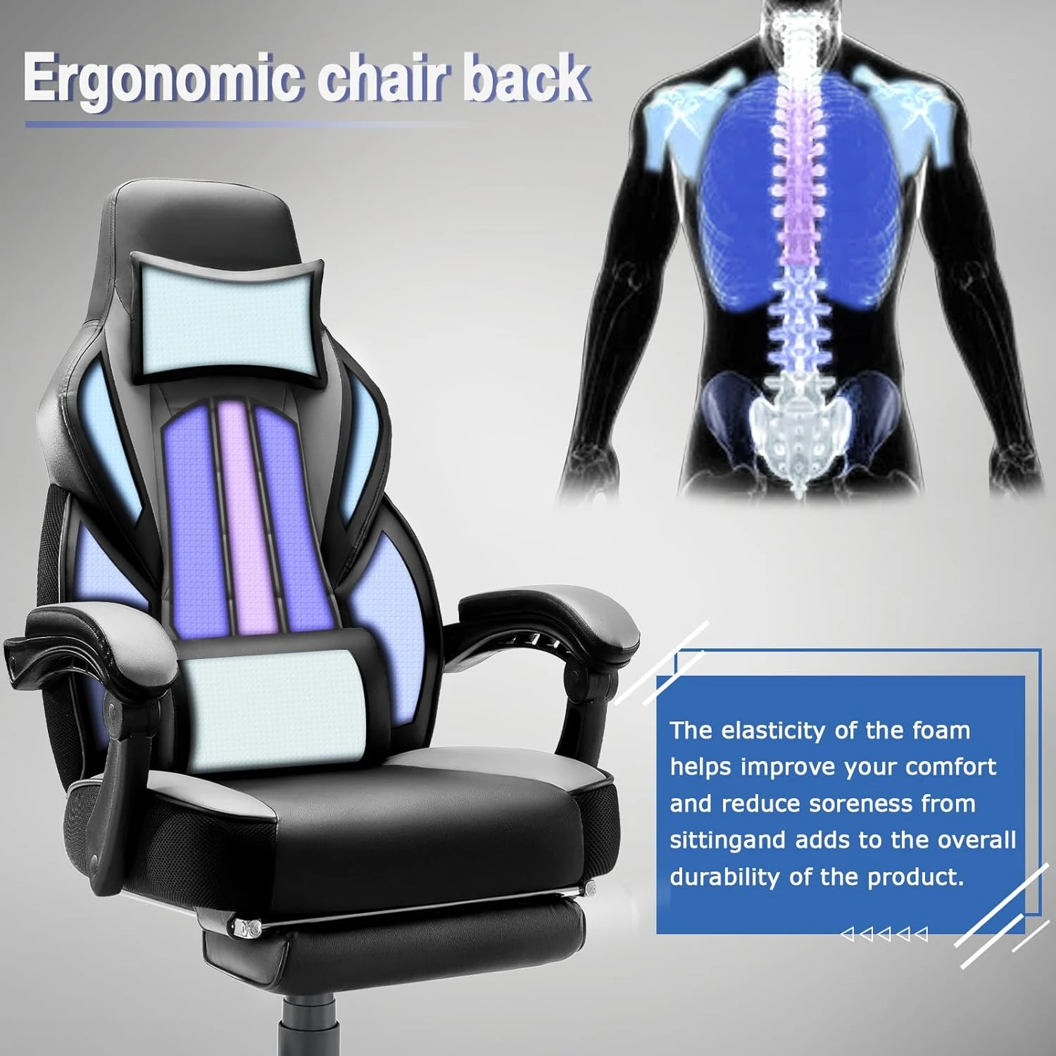 Ergonomically designed adult video game chair, weighing 400 pounds, with headrests and lumbar support