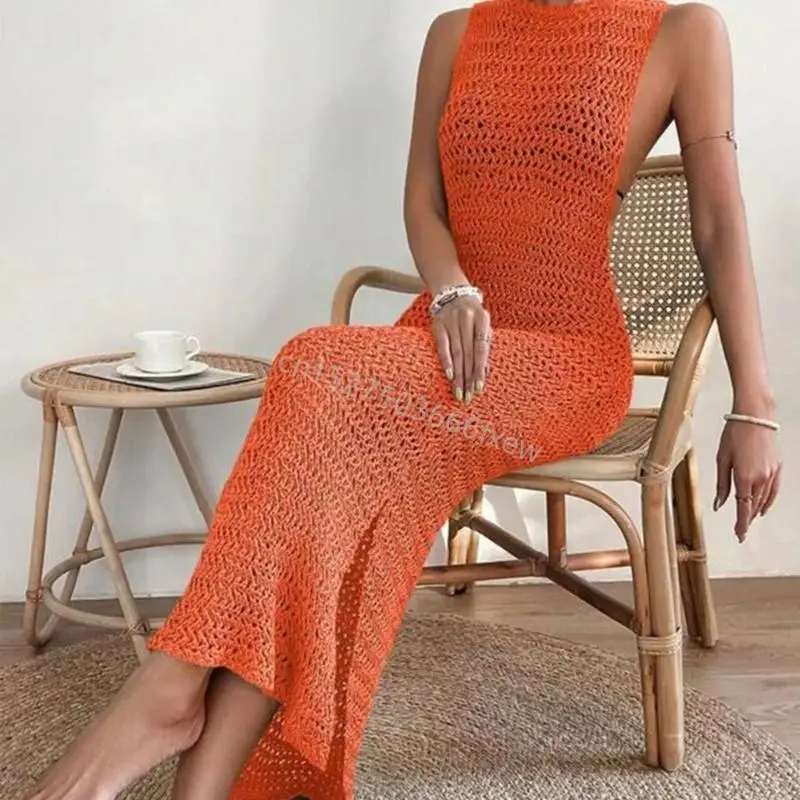 Women Beach Dress Hollow Out Dress Brick Bress Bust Cover Up Olcyfleess Dress Swimsuit Cover Up Long Fress for Beachwear R9CE