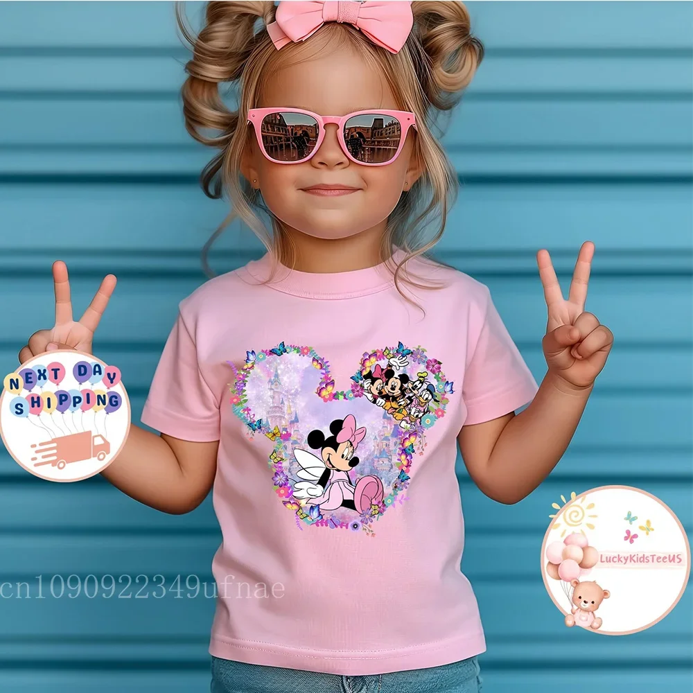 

2025 Butterfly Minnie Toddler Shirt Minnie Mouse Summer Children T-Shirt Minnie and Friends Kawaii Shirt Watercolor Minnie Shirt