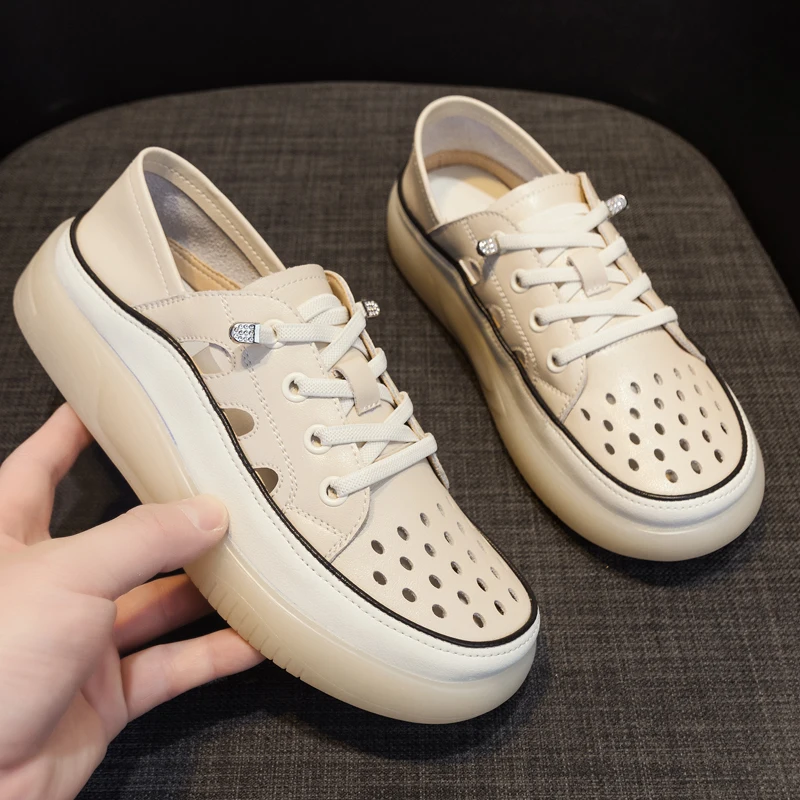 

Hollow-out Board Shoes Women 2026 Spring Flat Casual Shoes Women Genuine Leather Large Size Women's Shoes Hole Sneakers Women