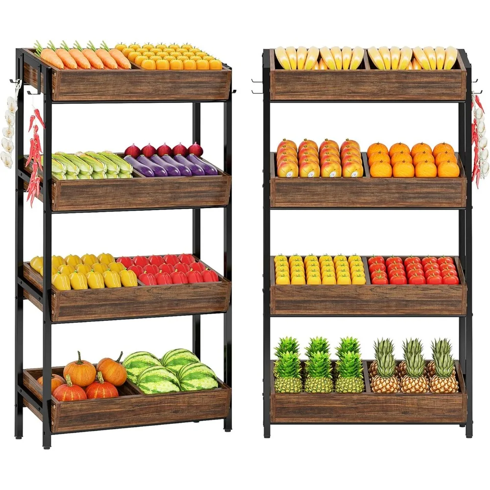 

4-Tier Wood Fruit Vegetable Storage Basket Stand Set of 2, Versatile Utility Shelf Rack for Kitchen, Office, Store