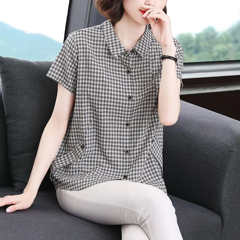 Checkered Striped Button Summer Short Sleeve Chiffon Shirt Cardigan Women\'s Contrast Color Turn-down Collar Comfortable Tops