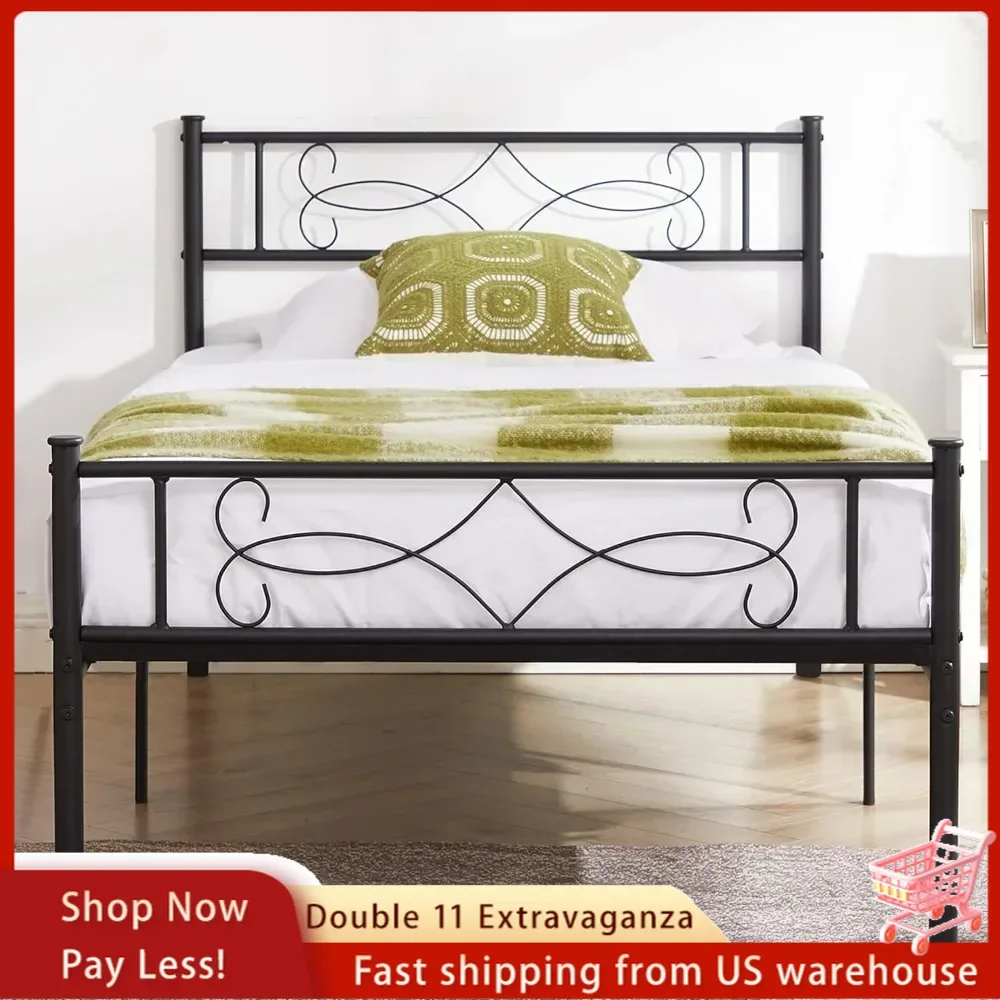 Metal Platform Bed Frame with Headboard,Premium Steel Slat Support No Box Spring Needed