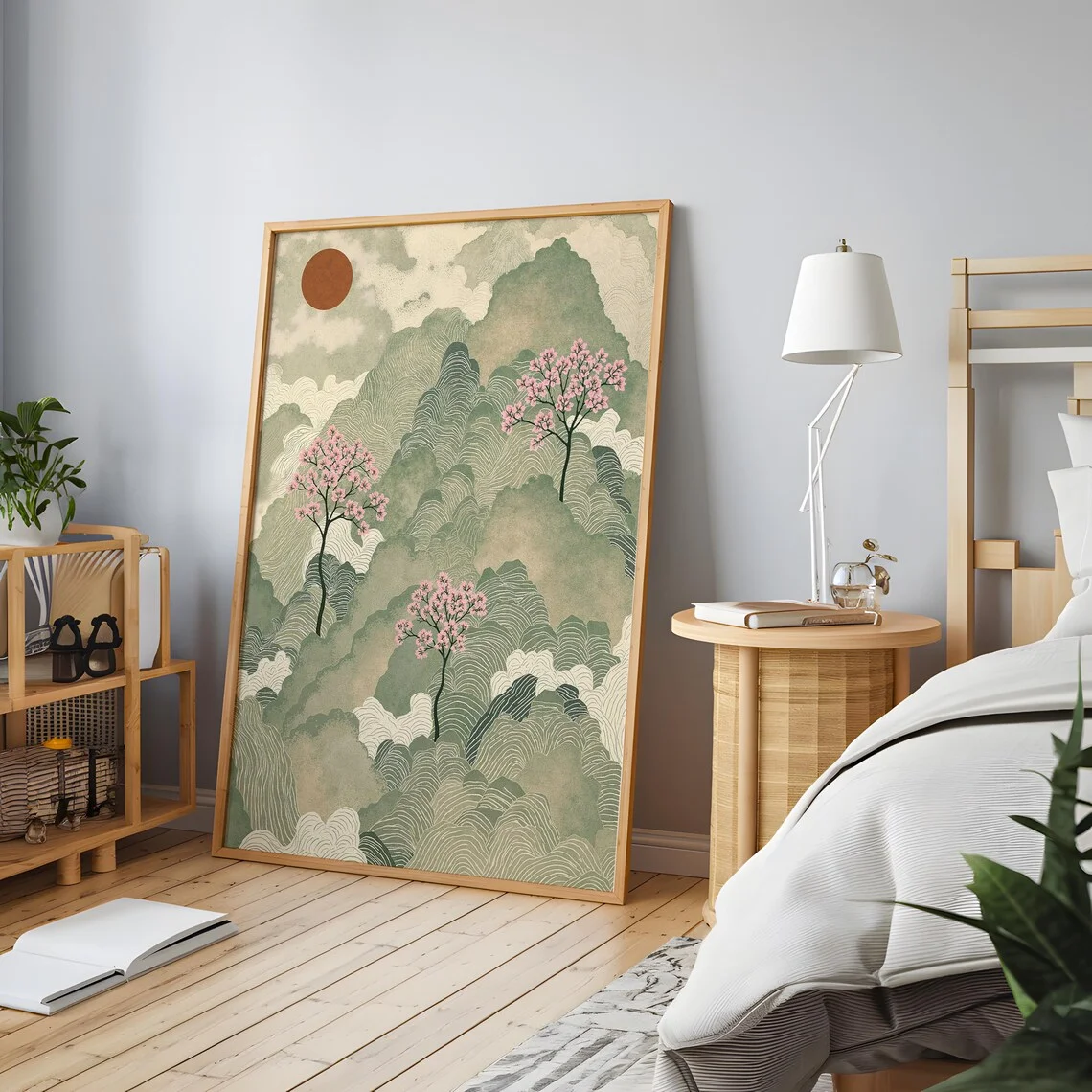 Vintage Ukiyo-E Inspired Landscape Wall Print Decor - Stylized Illustration of Rolling Green Mountains, Wavy Cloud Patterns and image 5