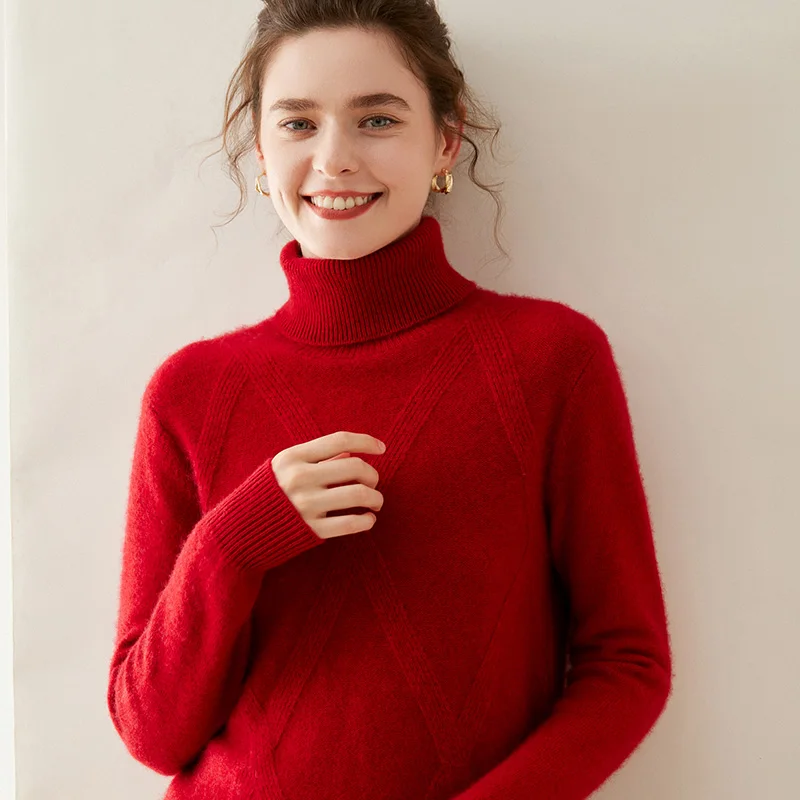 Autumn and Winter New Turtleneck Cashmere Sweater For Women 100 Pure Cashmere Lapel Mat Knitted Loose Thick Pullover Sweater Top