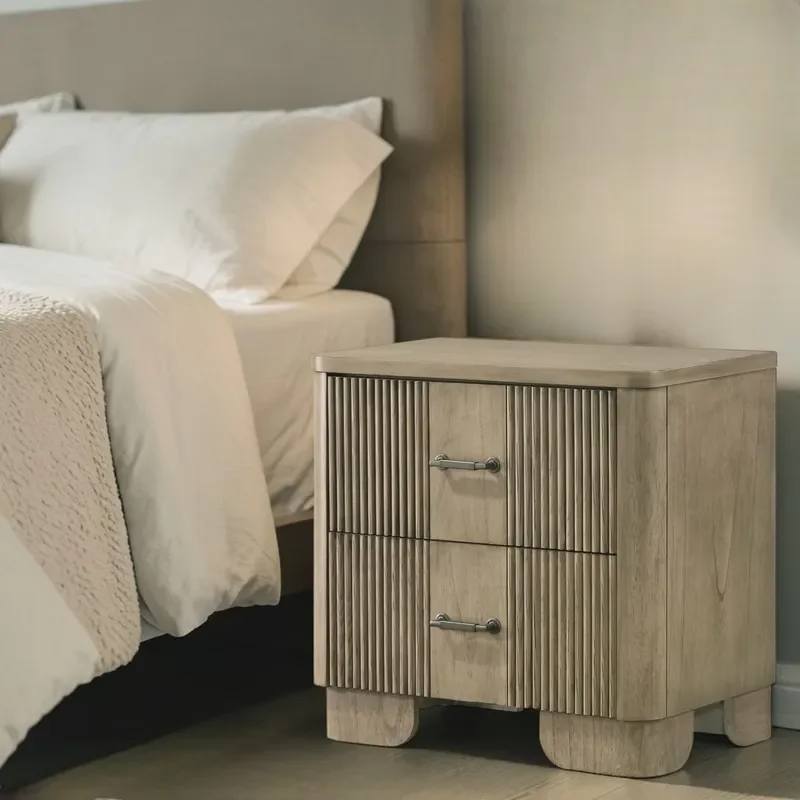 Modern 2-Drawer Antique Oak Wood Nightstand with Grooved Design Rounded Edges & Metal Hardware for Bedroom Hotel & Home