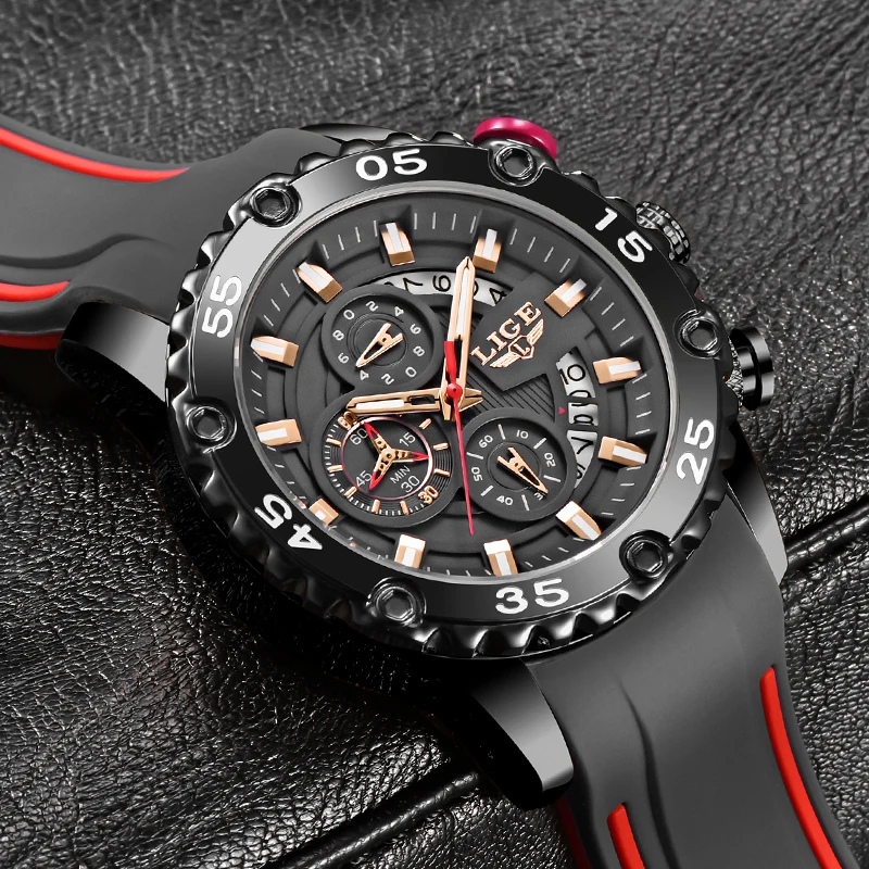 LIGE Creative Unique Dial Man Watch Fashion Casual Sports Silicone Strap Auto Date Waterproof Luminous Clock Quartz Watches Male