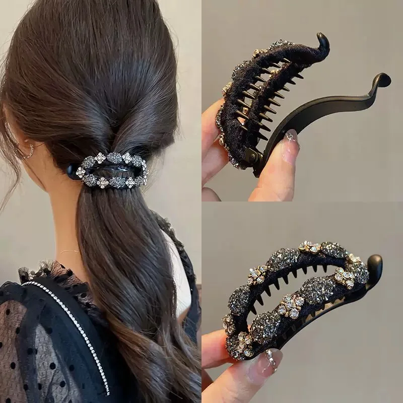 

AWAYTR Korean Rhinestone Flower Hairpin Banana Hair Clip Women Hair Claw Clip Barrettes Banana Twist Clips Ponytail Hairpins