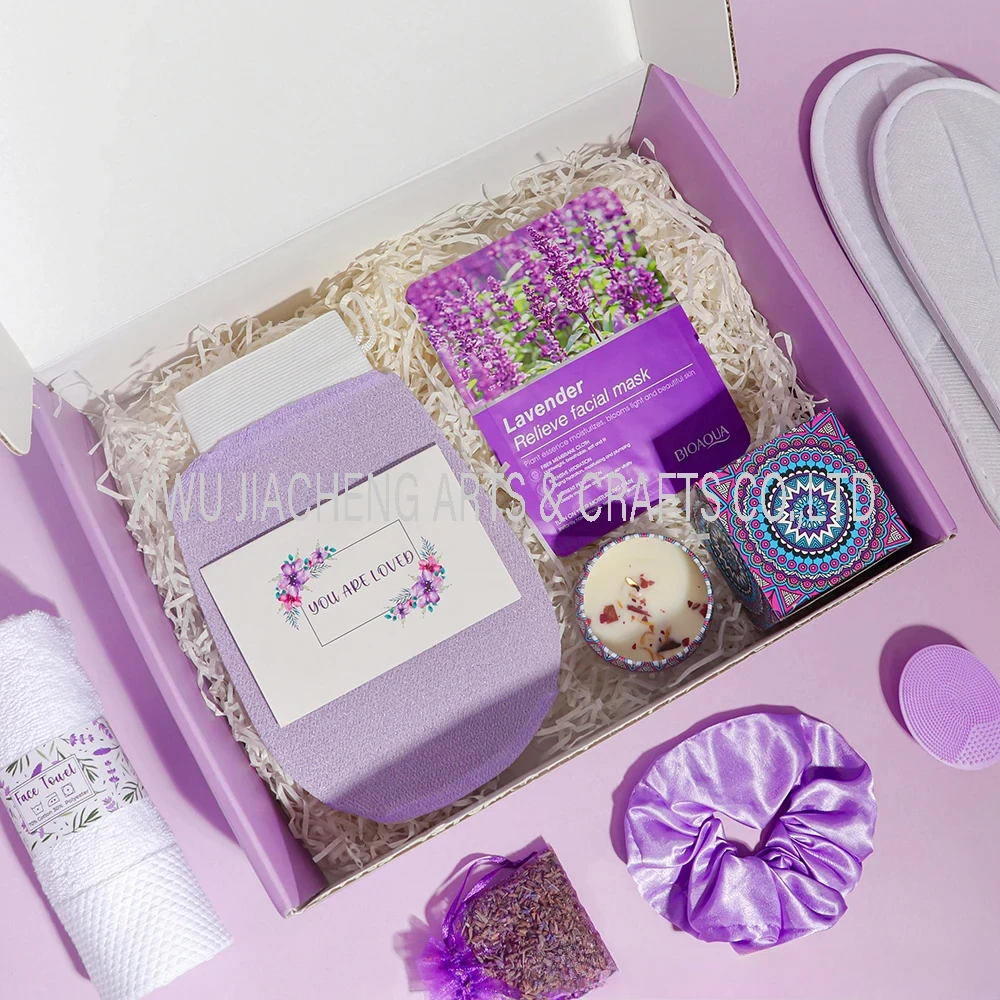 2024 New Products Purple Lavender Gift Set for Women Relaxing Spa Gift Basket Set Care Package with Bathrobe Scented Candle