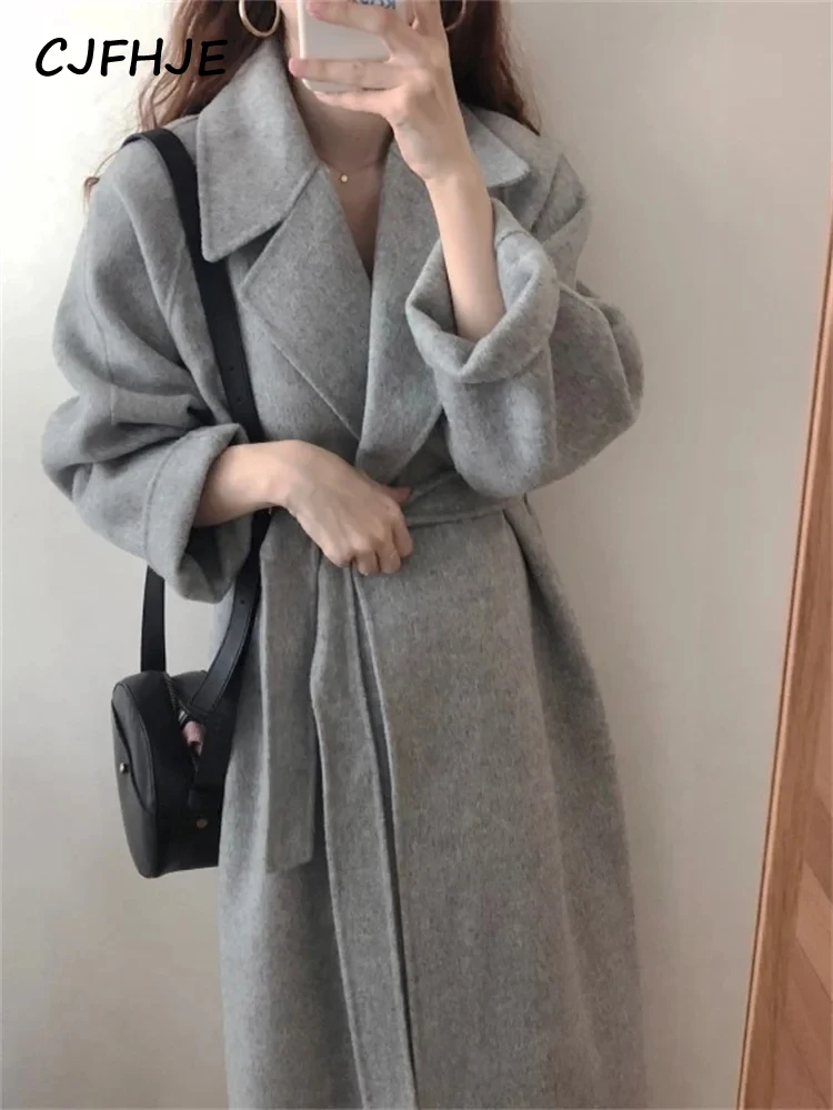 CJFHJE Beige Long Sleeve Coats Women New Fashion Vintage Solid Color Turn Down Collar Winter Blends Casual Loose Long Wool Coat