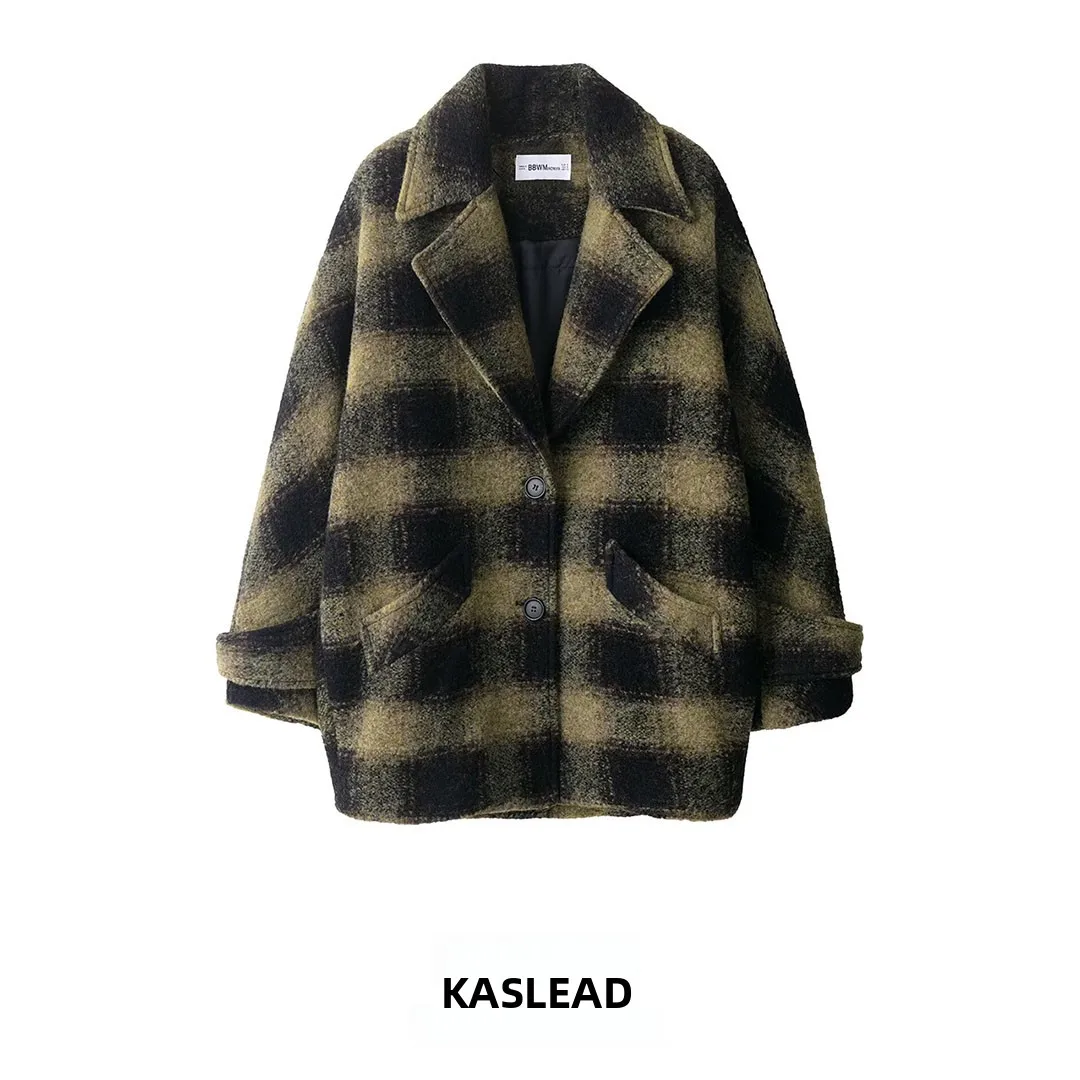 KASLEAD Women's Plaid Mixed Fiber Short Coat Jacket Thickened Long Sleeve Turn-down Collar Pure Online Exclusive Autumn Winte...