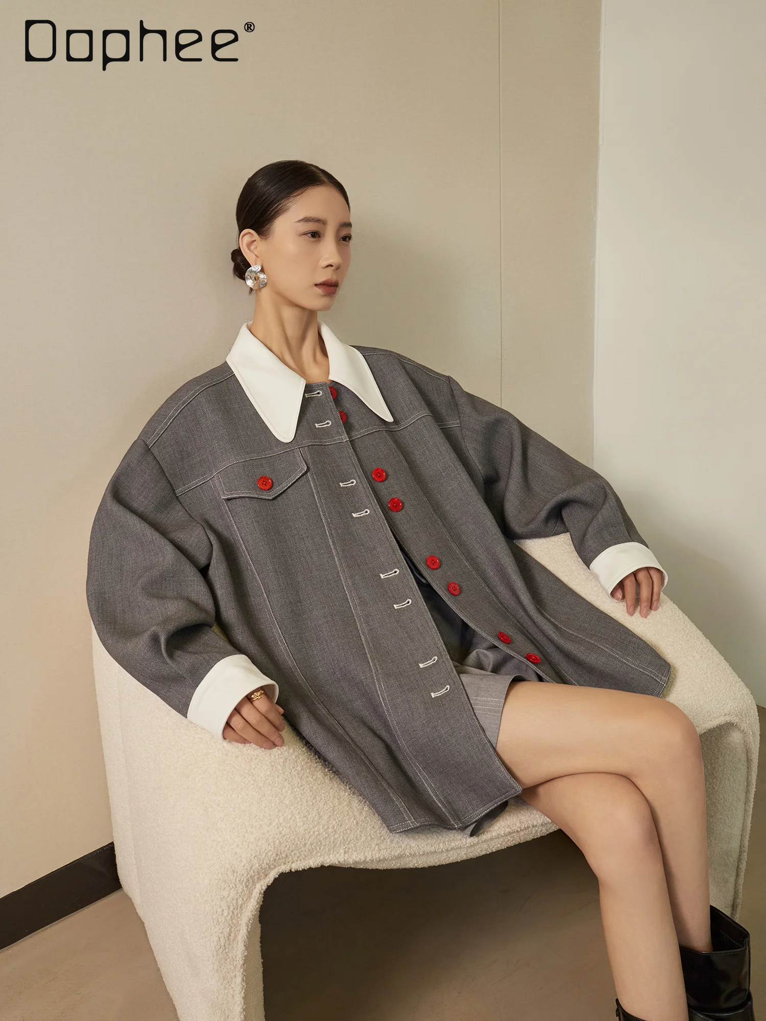 

Высококачественный серый корейский модный комплект из двух предметов с отложным воротником, однобортная свободная рубашка с длинными рукавами, шорты с высокой талией