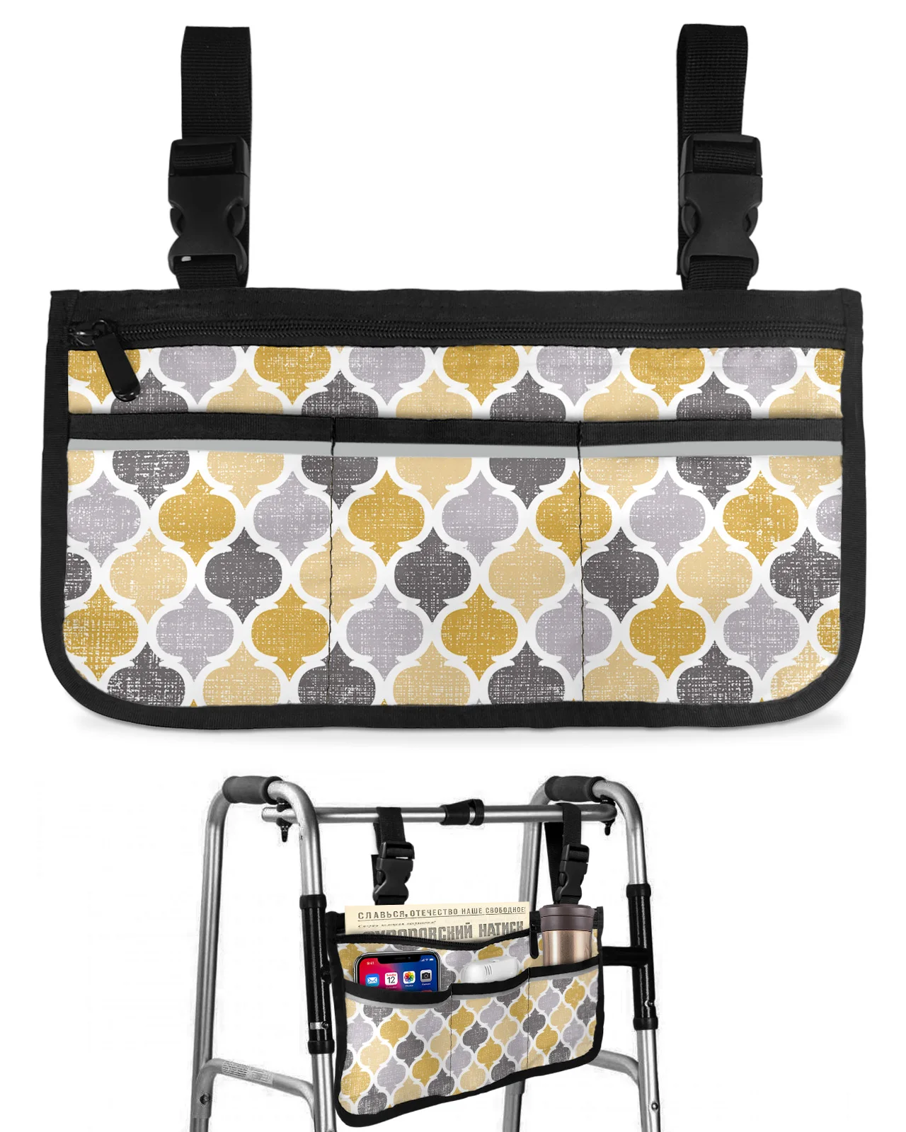 Geometric Yellow Grey Vintage Moroccan Wheelchair Bag Armrest  Side Bags Electric Scooter Walking Frame Storage Pouch