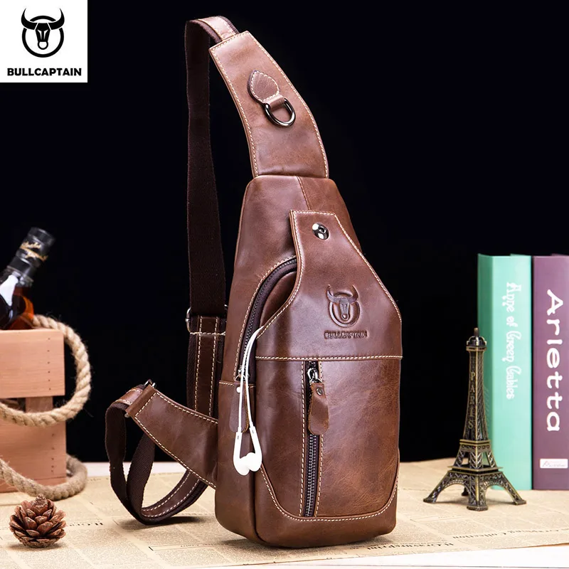 BULLCAPTAIN Genuine Leather Chest Bag Casual Triangle Crossbody Design Travel Shoulder Backpack Men Leather Multifunctional Bag