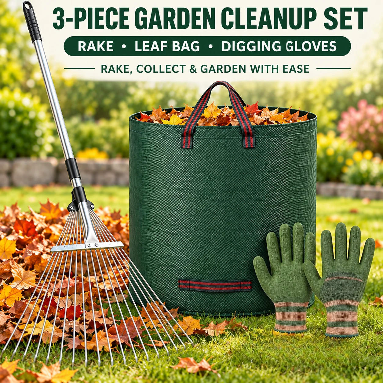 Heavy Duty Metal Garden Rake with Leaf Grabber Bag, Multi-Function Leveling Rake for Farm, Beach, Agriculture & Gardening Tools