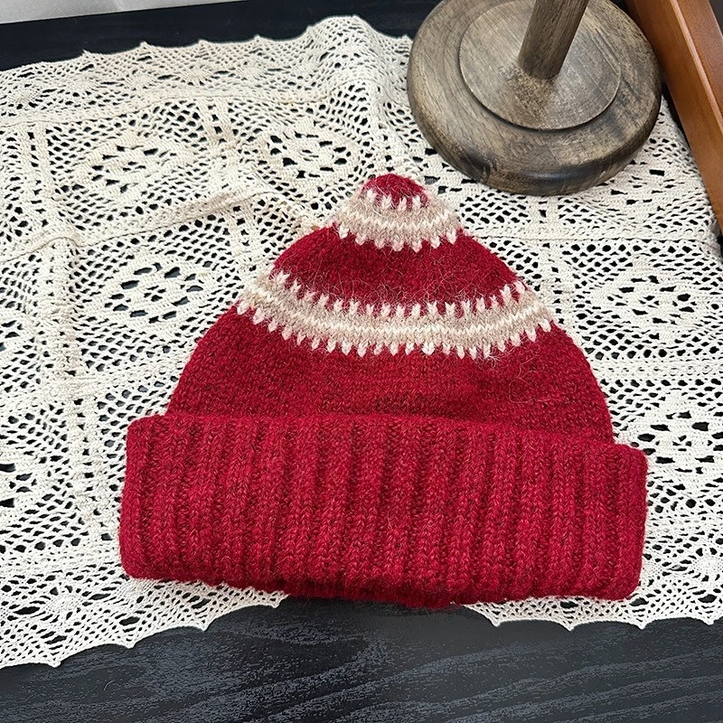 Fair Isle Jacquard-Strickmützen, Unisex, gestreifte, umgeschlagene Strickmütze, Vintage-Ethno-Muster, weiche, warme Wintermütze, lässige Mütze. – Detail 7