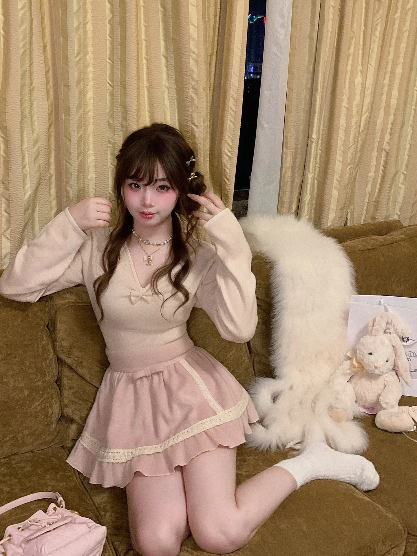 sueter-de-lana-con-volantes-y-cuello-en-v-ajustado-a-la-cintura-estilo-dulce-top-basico-de-manga-larga-y-longitud-corta