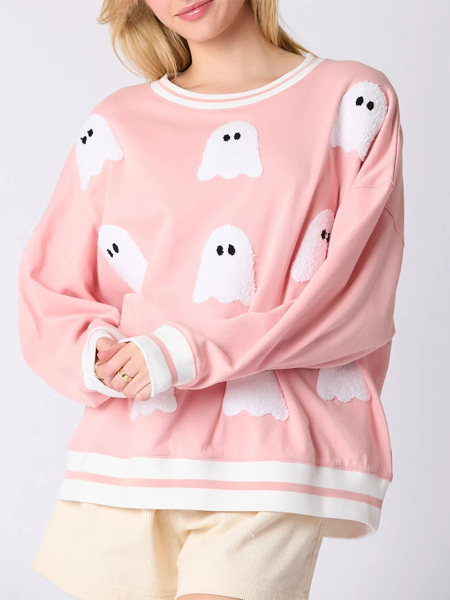 Women’s Halloween Sweatshirts Fashion Ghost Embroidery Long Sleeve Oversized Pullover Tops