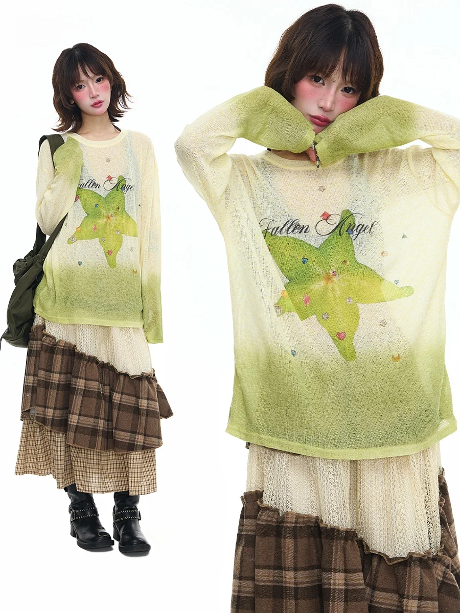 

Sanowers Fun Fruit Print adient Long Sve Knitted T-irt Women's Loose Slimming Inner Wear Spring Season round Ne