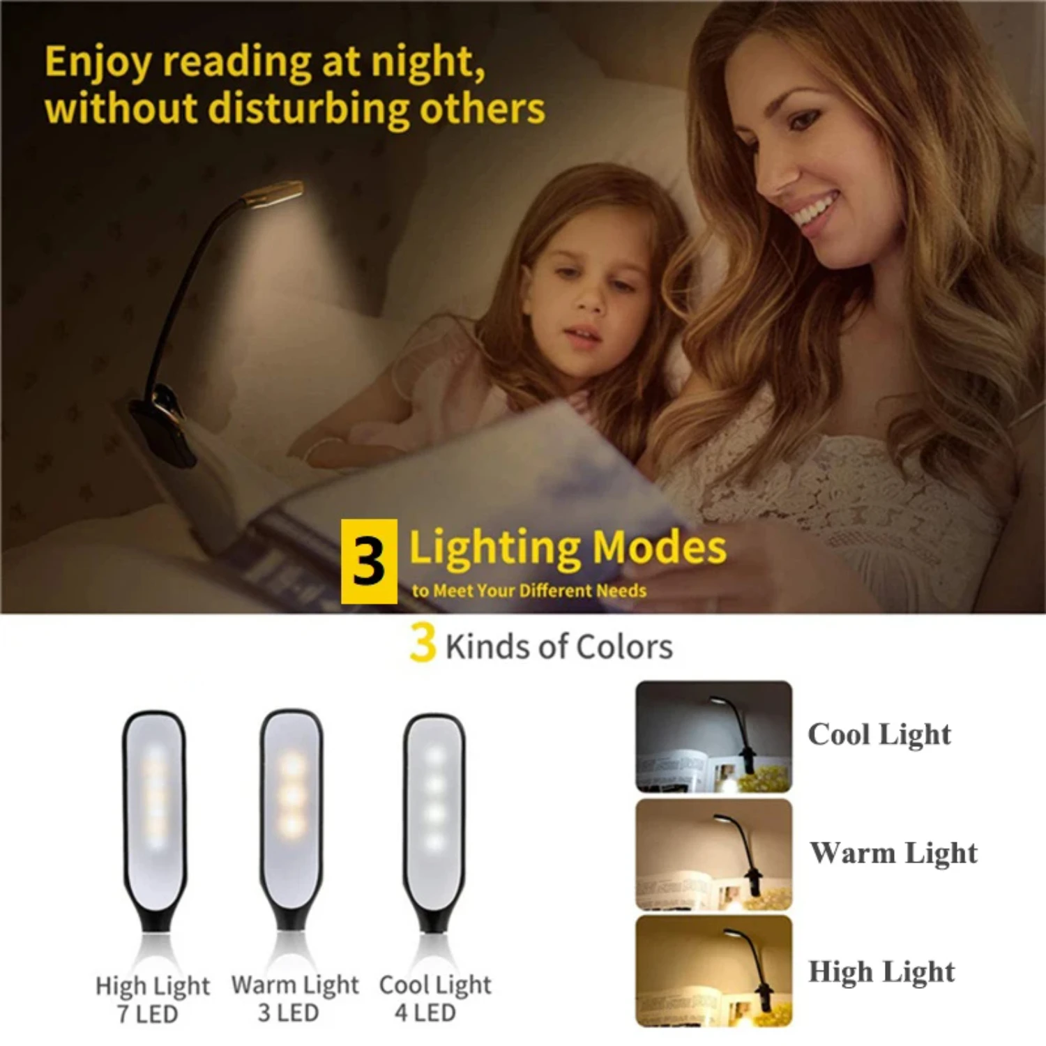 Rechargeable Book Light 7 LED Reading Light with 3-Level Warm Cool White Daylight Flexible Easy Clip Night Reading Lamp in Bed