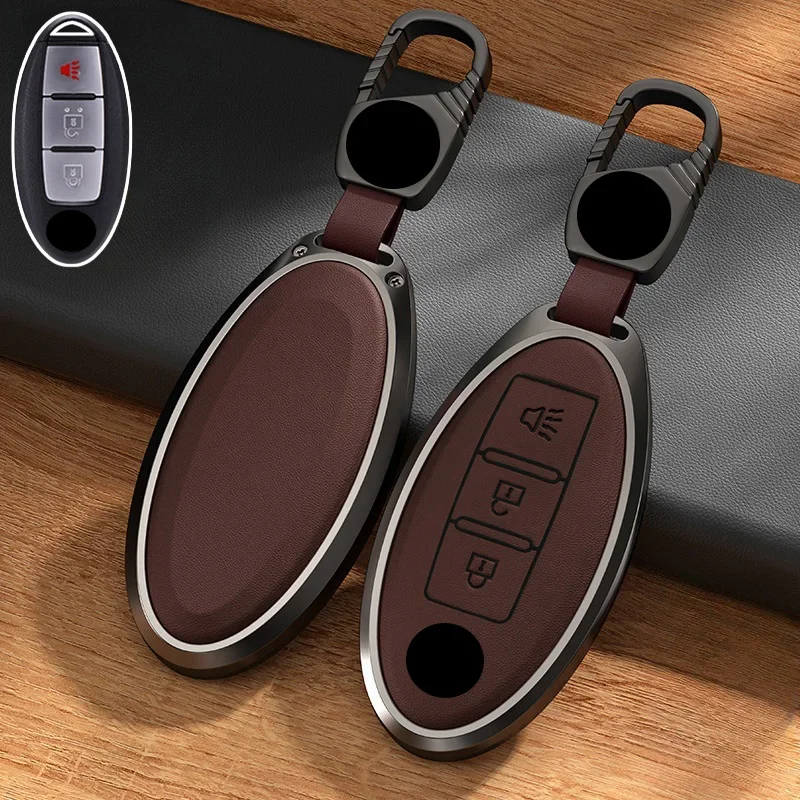 Aluminum Alloy Leather Car Key Cover Case Bag For Nissan Titan Rogue Qashqai Leaf Cube Quest March Micra K13 Juke F15 370Z