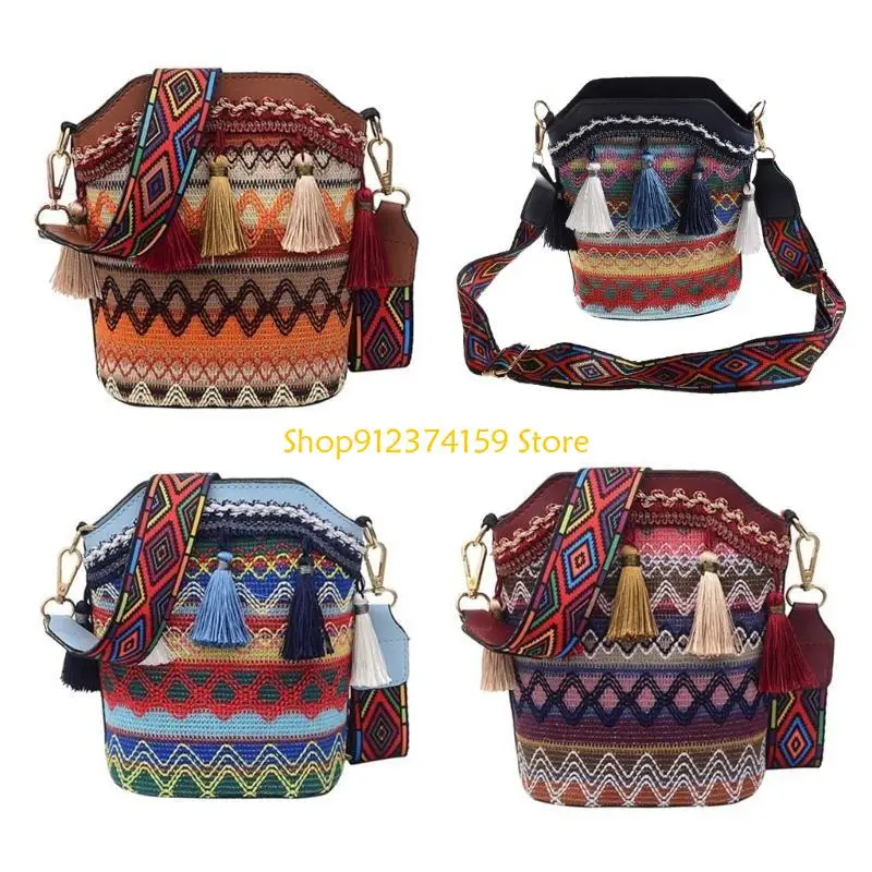 

G5AE Vintage Ethnic Shoulder Bag Embroidery Boho Hippie Tassel Tote Beach Crossbody Women Girls Purse Phone Wallet