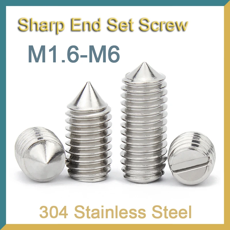 10pcs/lot 304 Stainless Steel (A2-70) Slotted Head Cone Point Grub Set Screw Tapered End Headless Bolt M1.6 M2 M2.5 M3 M4 M5 M6