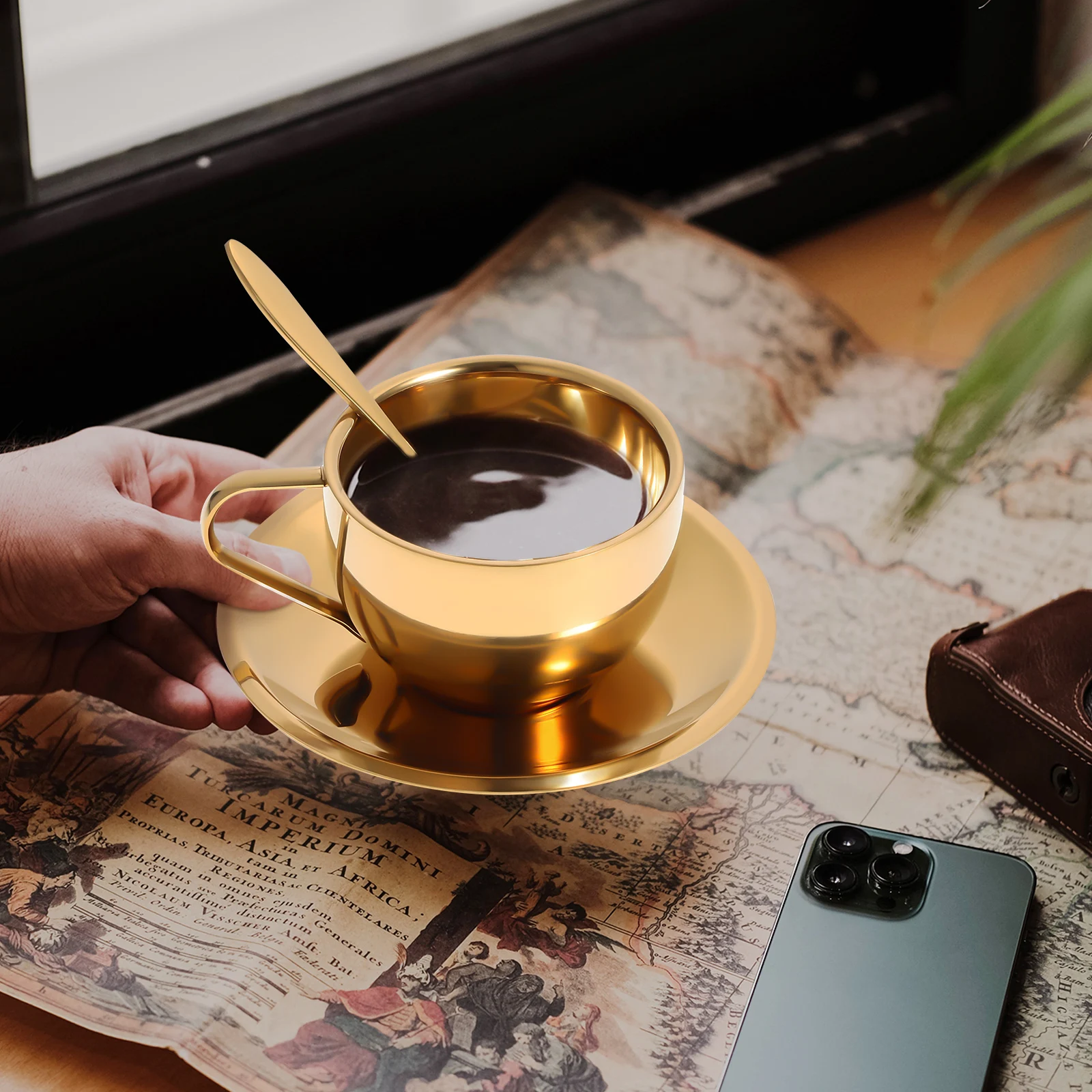 

2 Sets Stainless Steel Coffee Cup Tea Cups Saucer 304 Vintage European Style Teacup