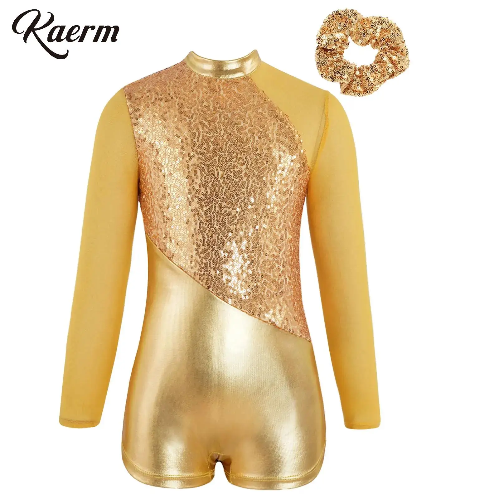 

Kids Girls Jazz Stage Performance Costume Sequin Metallic Dance Leotard with Hair Tie Patchwork Long Sleeve Dance Wear Clothing