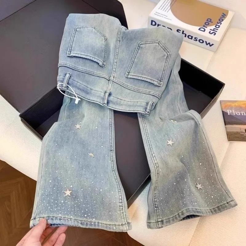 High Waist Flared Jeans Women's Spring Autumn Light Blue Star Rhinestone Slimming American Solid Style Slim Women Pant