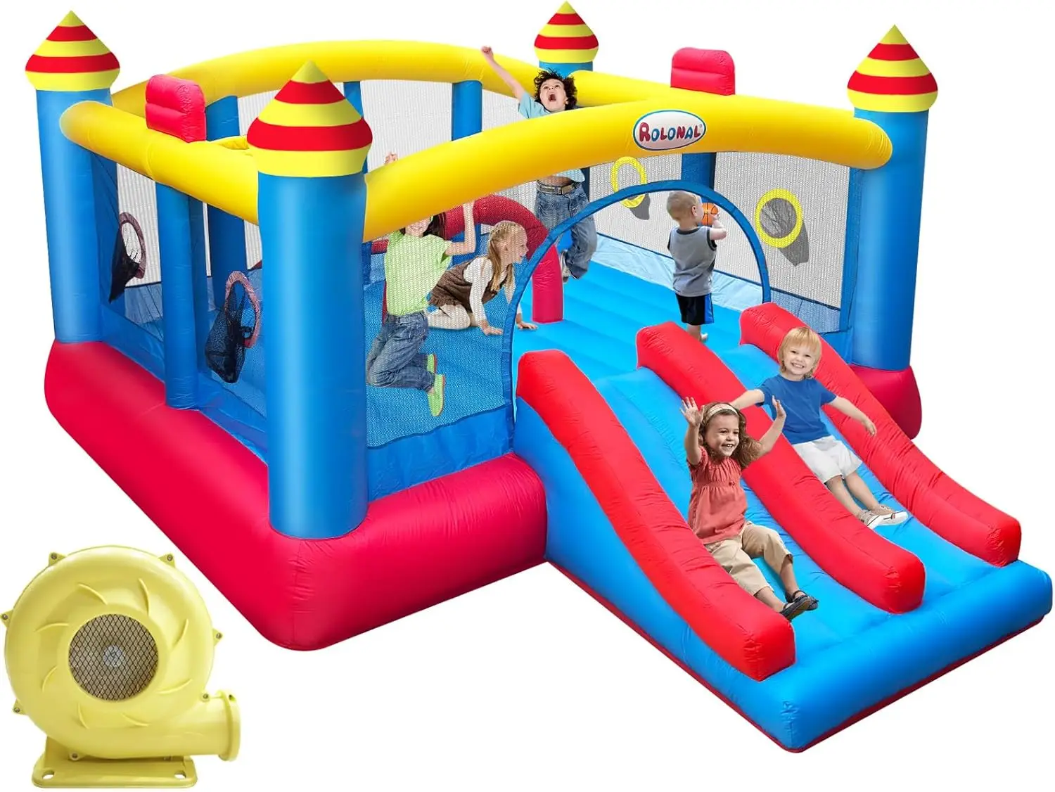 

18.7x13 Ft Inflatable Bouncy Castle for Kids, Outdoor Jumping House with Double Slide, Dual Basketball Hoops, Fun Central Obstacle, Toss Ball Game, Reinforced Oxford Bounce Floor