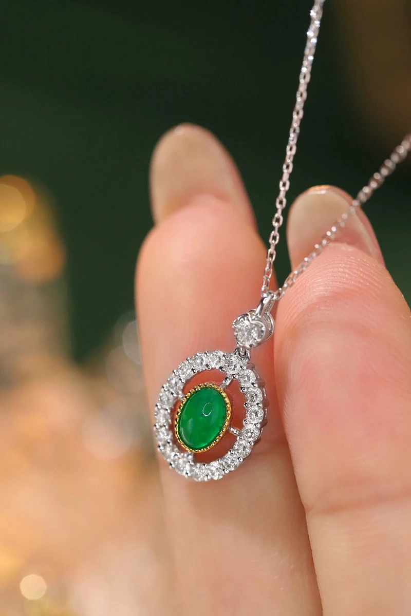 KUGG 100% 18K White Gold Necklace Luxury Diamond Natural Emerald Pendant Necklace for Women Classic Design High Party Jewelry