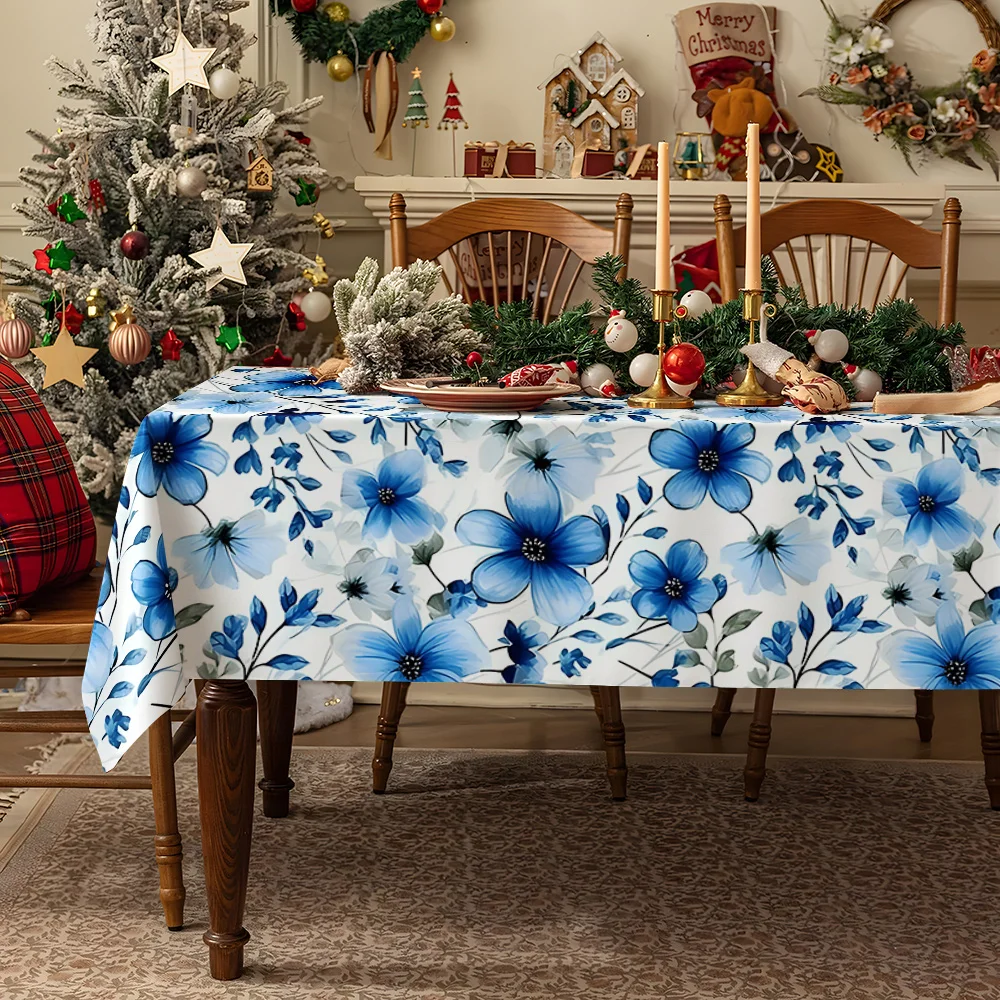 Light Blue Flowers Pale Yellow Waterproof table cloth, splash-proof tablecloth, for party, Halloween, Christmas, dining, camping
