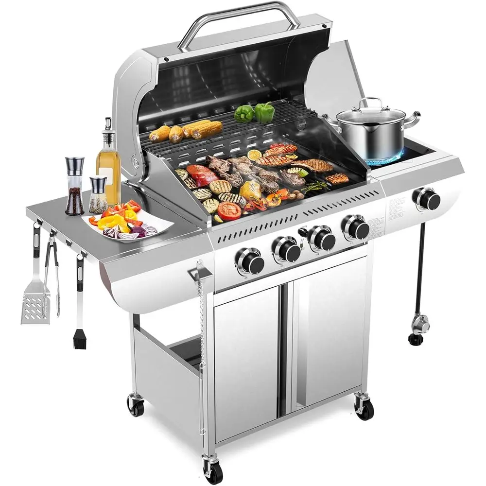 

Газовый гриль с 4 конфорками и боковой горелкой, из нержавеющей стали, для приготовления на открытом воздухе, с чугунными решетками с эмалированным покрытием