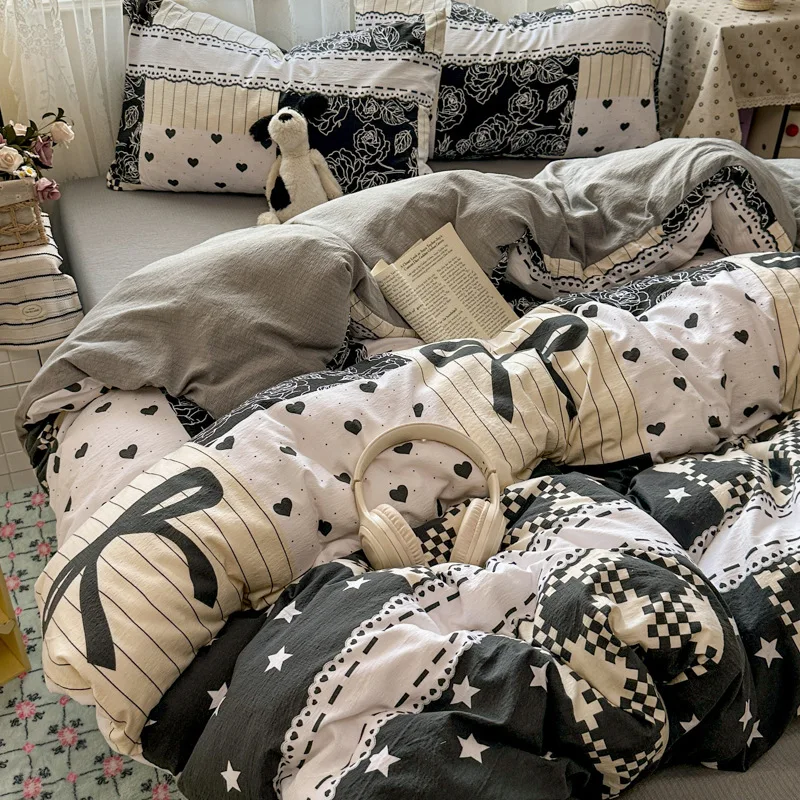 Korean Style Fashion Bedding Set Kids Adults Twin Full Queen Size Bed Flat Sheet Duvet Cover Pillowcases Printed Bed Linen Set