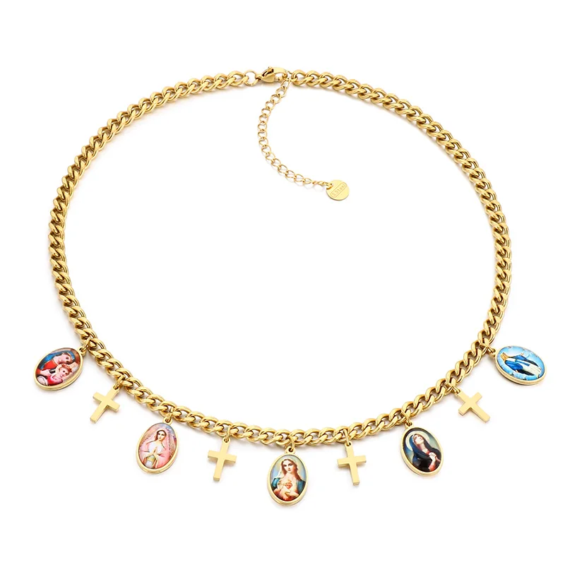 Stainless Steel Cuban Chain Necklace for Women Gold Color Religious Saint Portrait Cross Charm Choker Vintage Jewelry Gift