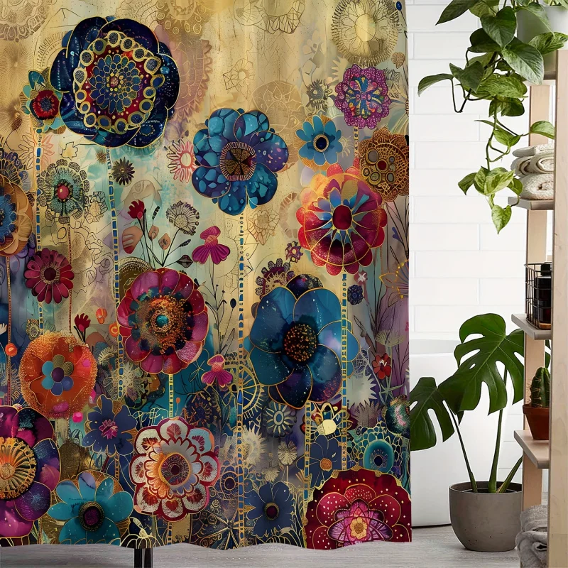 Vintage Floral Print Artistic Waterproof Shower Curtain with 12 Hooks, Machine Washable, Water-Resistant Polyester Fabric, Creat