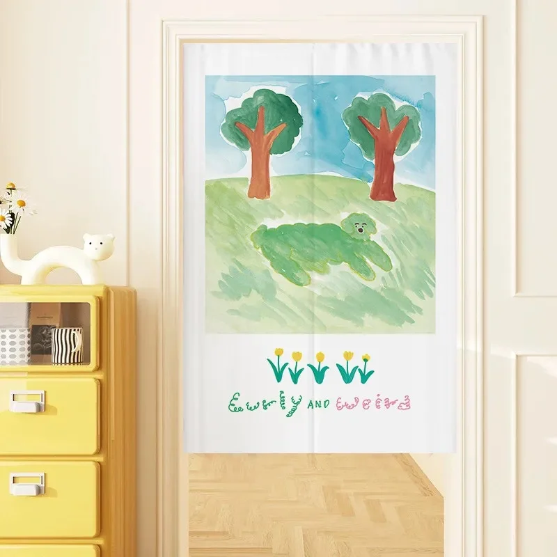 VIKAMA Cute Kid Style Door Curtain Hand Drawn Puppy Lawn Pattern Fabric Noren Curtain for Bedroom Entrance Partition