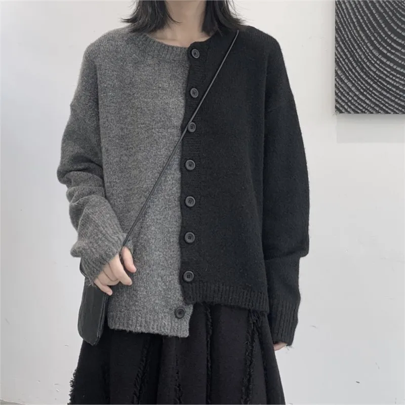 

Johnature Asymmetrical Patchwork Sweater Casual New Color-Block Round Neck Knit Cardigan Pullover Autumn Winter Women Sweaters