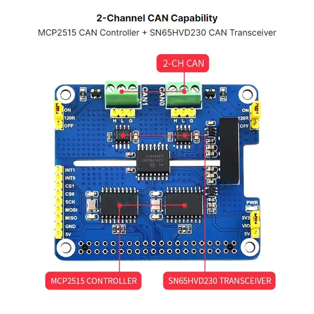 Waveshare Raspberry Pi Dual Channel Isolated Can Bus Board, Scheme And Expansion Sn65hvd230 Dual Combination Mcp2515 Chip J4q0